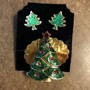 Sparkle Christmas Tree Pin and Earring Set